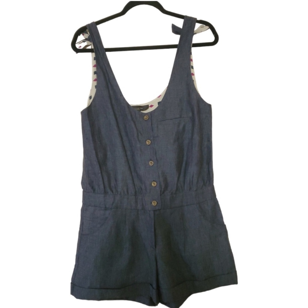 Blue Linen Romper with Scoop Neckline pockets silk lining